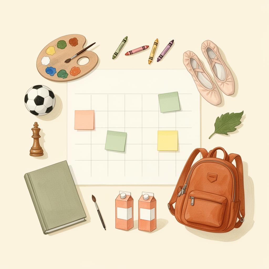 Flat-lay of a kid's week — calendar, sticky notes, soccer ball, paint palette, ballet slippers, book and backpack